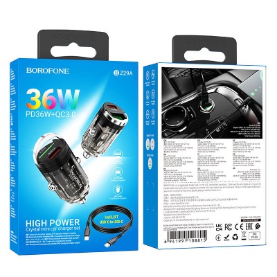 АЗУ Borofone BZ29A Talented PD36W+QC3.0 (1USB-A/1C) + кабель Type-C to Type-C