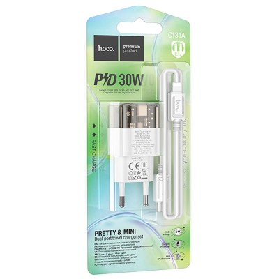 СЗУ Hoco C131A Platium PD30W+QC3.0 (1USB-A/1C) + кабель Type-C to Lightning