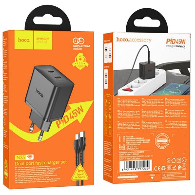 СЗУ Hoco N35 Streamer PD45W (2USB-C) + кабель Type-C to Type-C