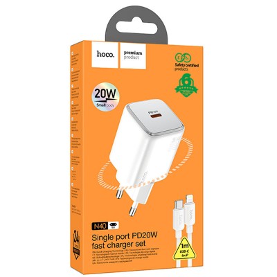 СЗУ Hoco N40 Mighty PD20W (1USB-C) + кабель Type-C to Lightning