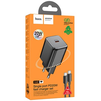 СЗУ Hoco N40 Mighty PD20W (1USB-C) + кабель Type-C to Type-C