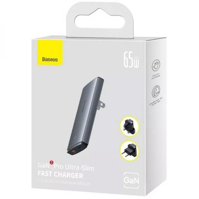 СЗУ Baseus GaN5 Pro Ultra-Slim QC 3.0+PD 65W (1USB-A/1C) + кабель Type-C to Type-C (CCGP15011)