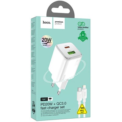 СЗУ Hoco N41 Almighty PD20W+QC3.0 (1USB-A/1C) + кабель Type-C to Lightning