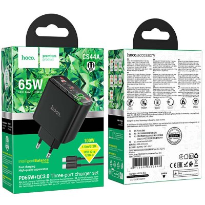 СЗУ Hoco CS44A Smart PD65W (1USB-A/2С) + кабель Type-C to Type-C