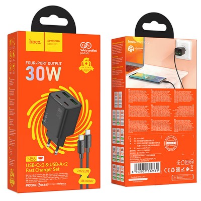 СЗУ Hoco N56 Fundador PD30W four-port (2USB-A/2C) + кабель Type-C to Type-C