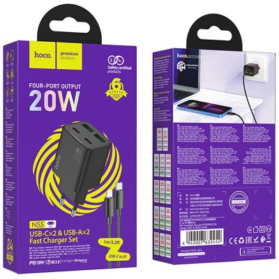 СЗУ Hoco N55 Fundador PD20W four-port (2USB-A/2C) + кабель Type-C to Lightning